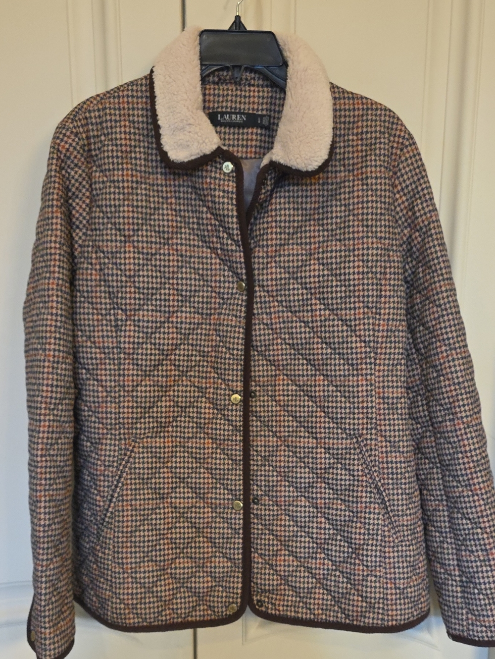 Lauren Ralph Lauren Quilted Houndstooth Teddy Collar Jacket - Beige/Tan/Cream